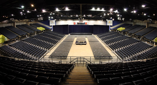 Aerial view of empty convention center seating area